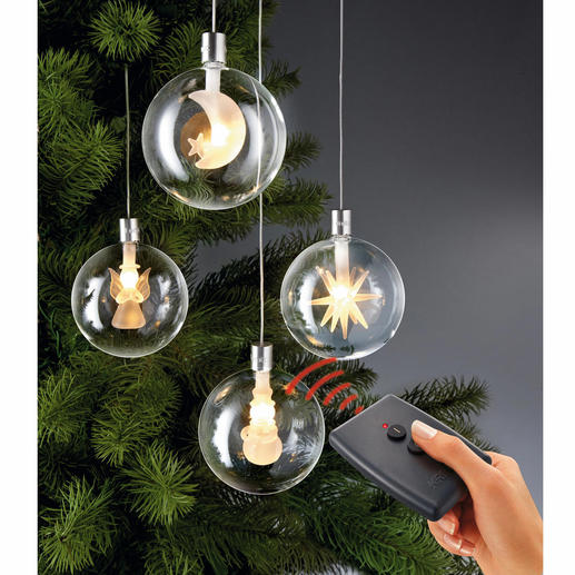 Wireless LED Christmas Tree Baubles, Set of 4 Clear- and satin-finished glass. May be arranged as you like. With remote control.